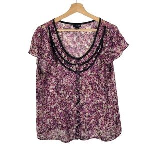 East 5th‎ Purple Floral Ruffle Short Sleeve Blouse XL